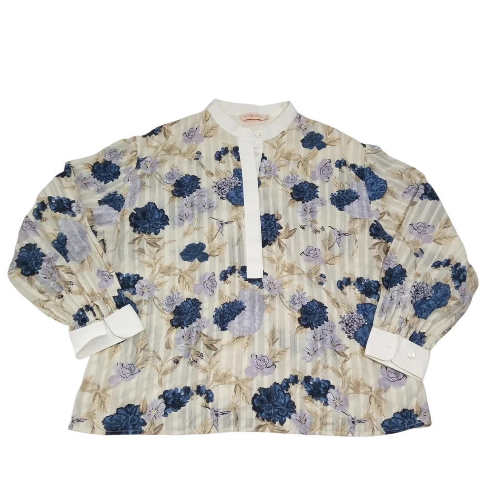 Tory Burch Peony Floral Blouse Split Neck Mandarin Collar Designer Top Sz M